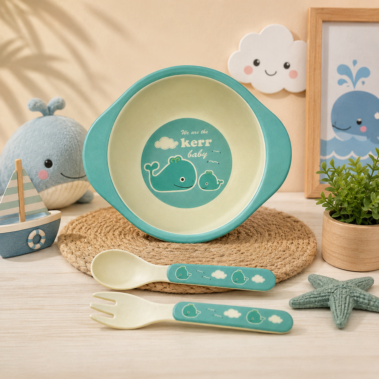 Green Whale Bamboo Kids Bowl with Spoon and Fork -Set of 3