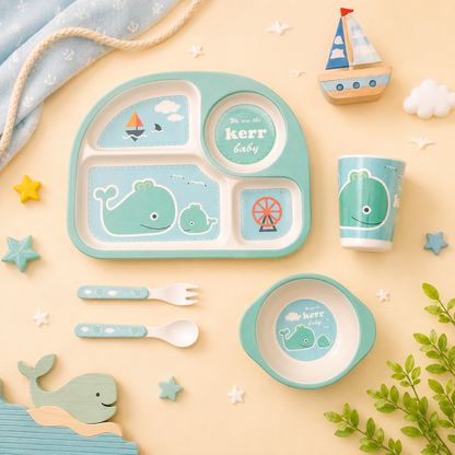 Wally- "The Green Whale" Bamboo Kids Dinner /Feeding Set of 5