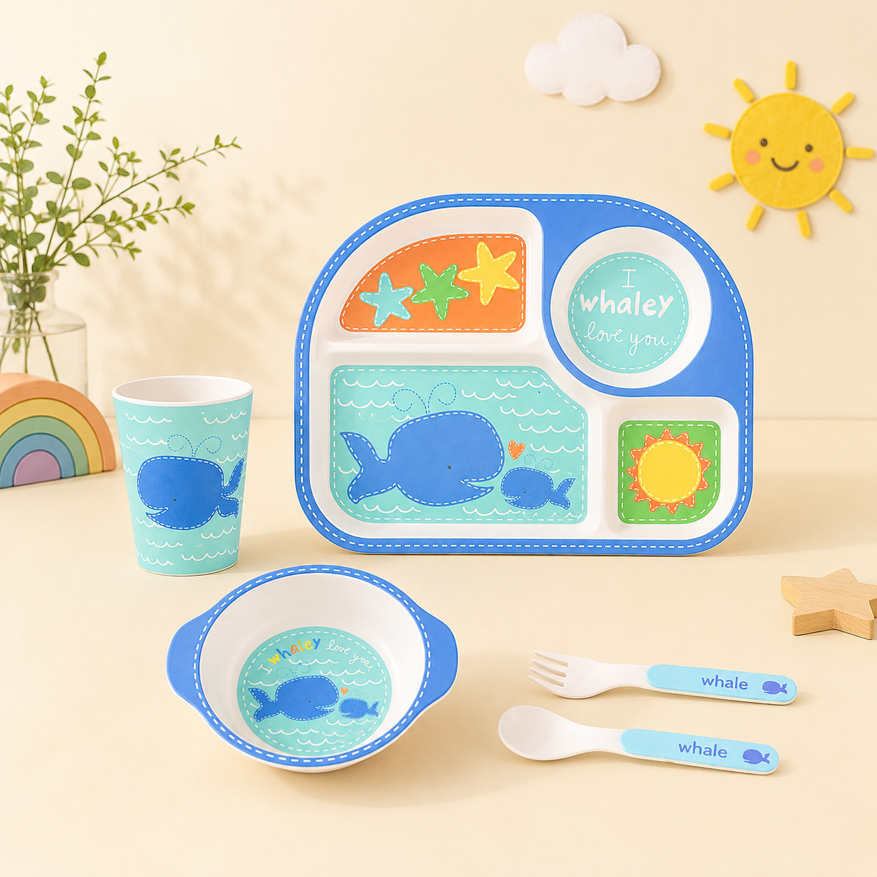 Wobbly Whale Bamboo Kids Dinner /Feeding Set of 5