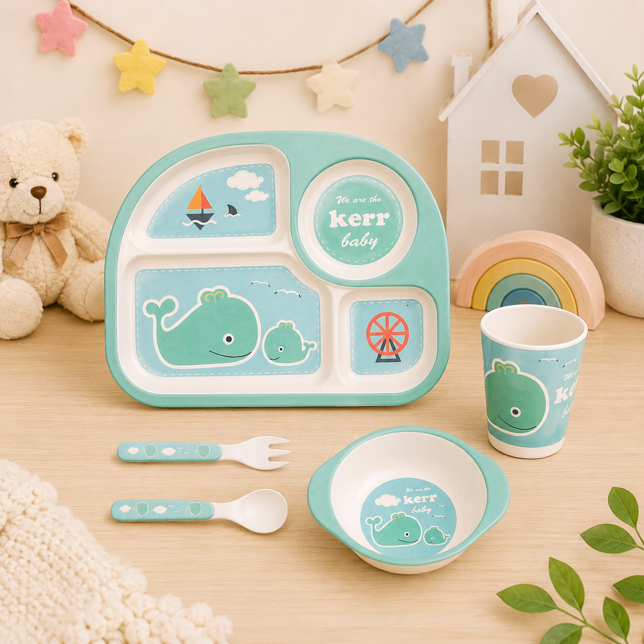 Wally- "The Green Whale" Bamboo Kids Dinner /Feeding Set of 5