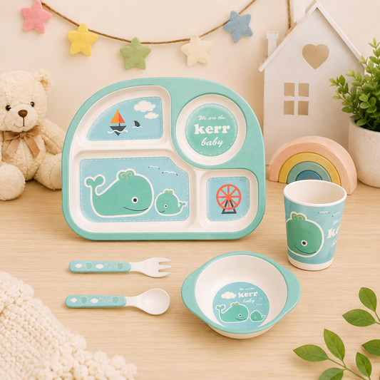 Wally- "The Green Whale" Bamboo Kids Dinner /Feeding Set of 5
