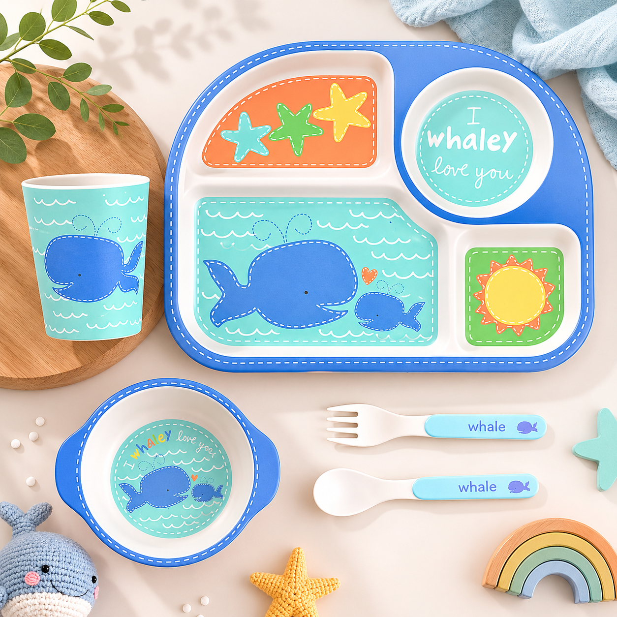 Wobbly Whale Bamboo Kids Dinner /Feeding Set of 5