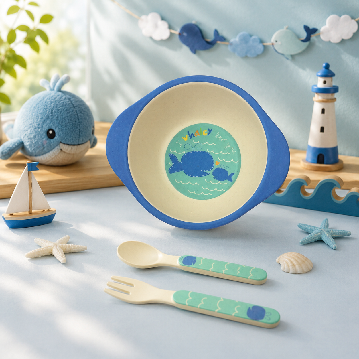 Wobbly Whale Bamboo Kids Bowl with Spoon and Fork -Set of 3