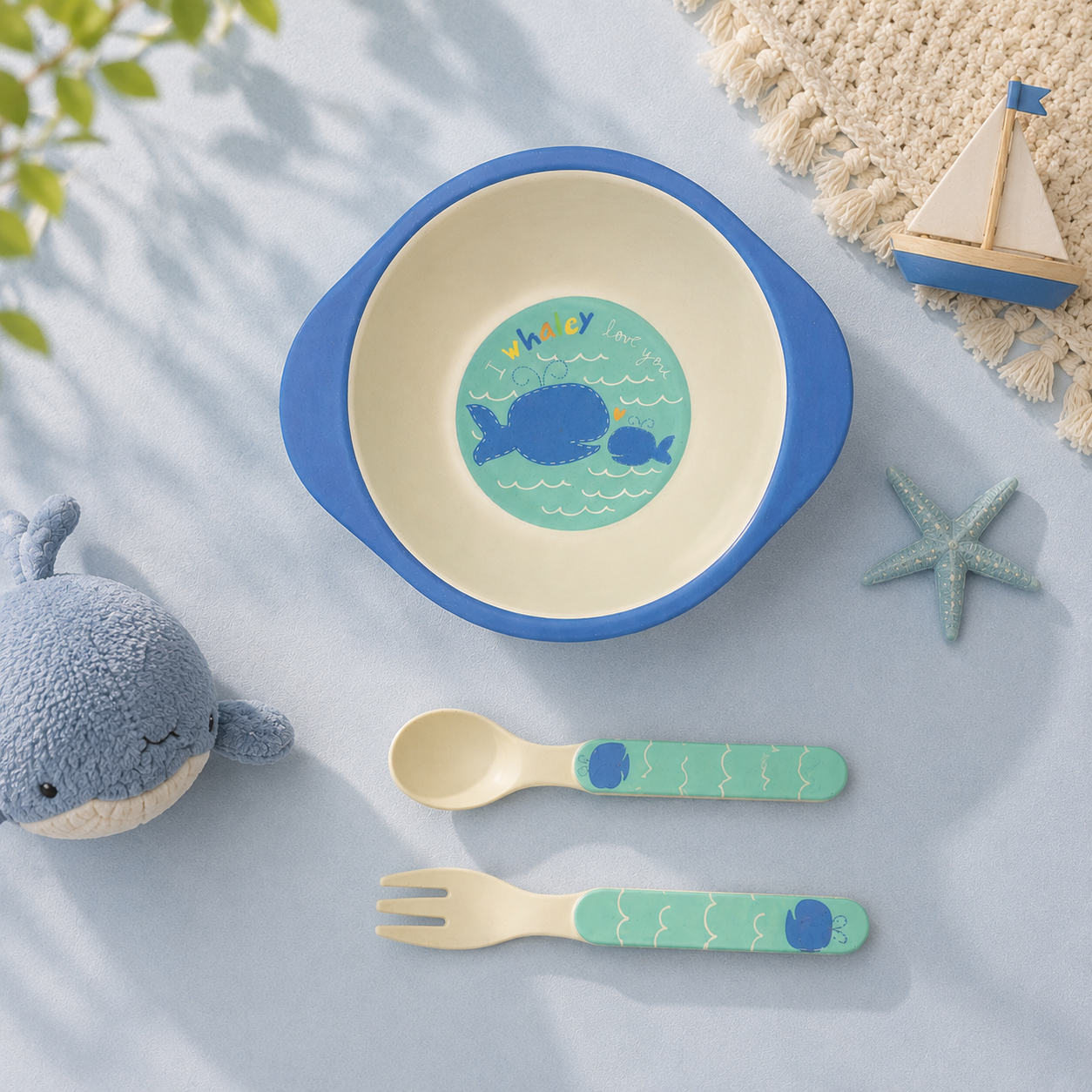 Wobbly Whale Bamboo Kids Bowl with Spoon and Fork -Set of 3