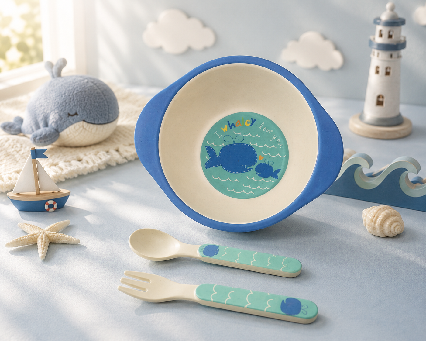 Wobbly Whale Bamboo Kids Bowl with Spoon and Fork -Set of 3