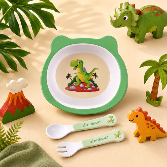 Jurassic Joys Bamboo Kids Bowl with Spoon and Fork -Set of 3