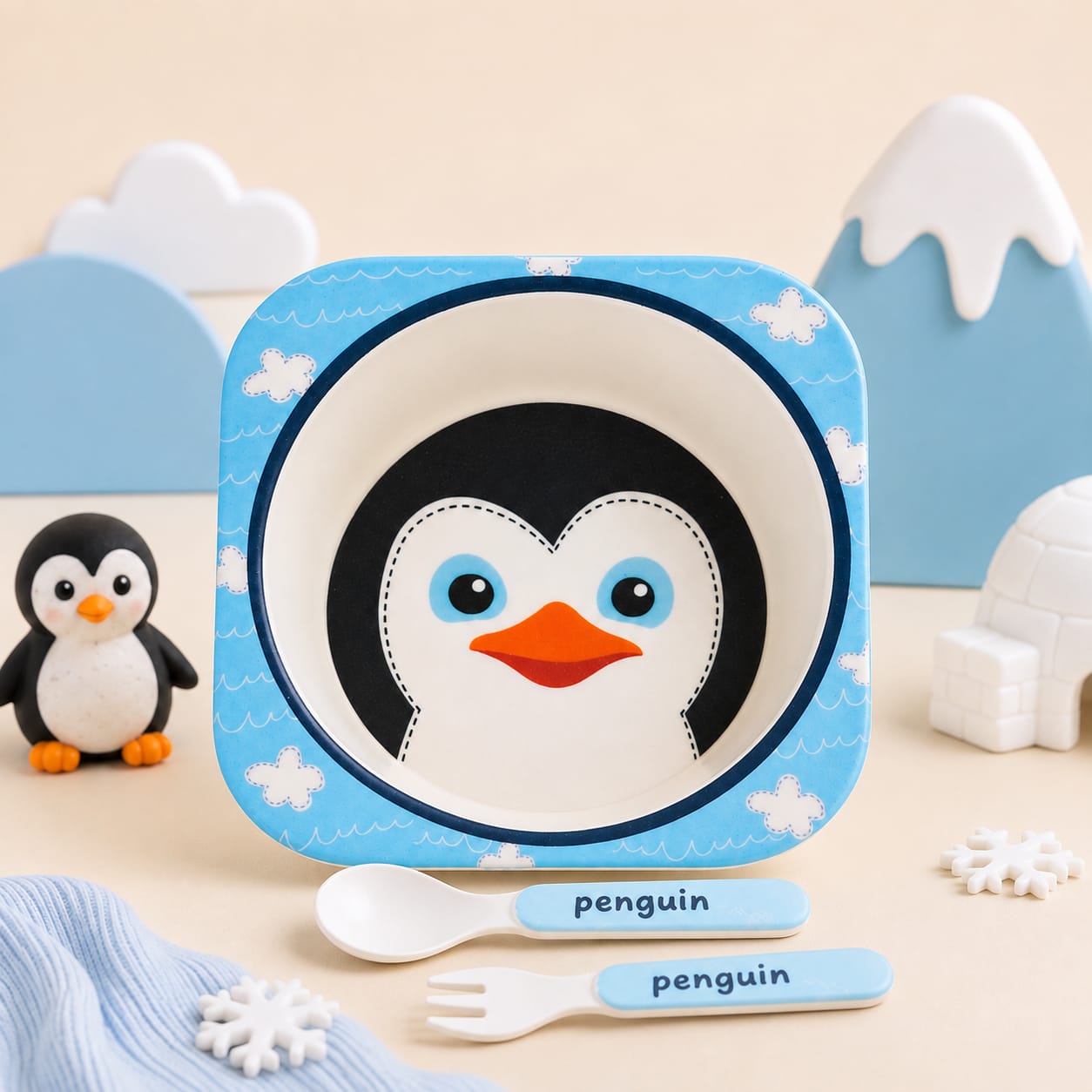 Plucky Penguin Bamboo Kids Bowl with Spoon and Fork -Set of 3