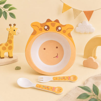 Goofy Giraffe Bamboo Kids Bowl with Spoon and Fork -Set of 3