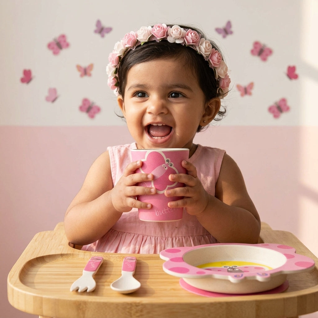 Blissful Butterfly Bamboo Kids Dinner /Feeding Set of 5- Round Edition