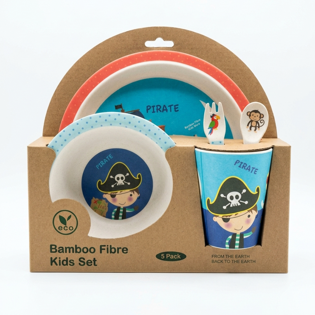 Playful Pirate Bamboo Kids Dinner /Feeding Set of 5- Round Edition