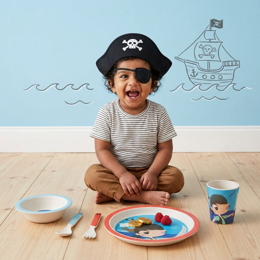 Playful Pirate Bamboo Kids Dinner /Feeding Set of 5- Round Edition