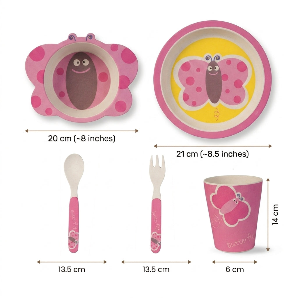 Blissful Butterfly Bamboo Kids Dinner /Feeding Set of 5- Round Edition