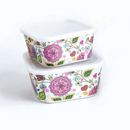 Pink Floral Storage Air-Tight Bamboo Canisters- Set of 2