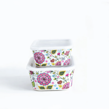 Pink Floral Storage Air-Tight Bamboo Canisters- Set of 2