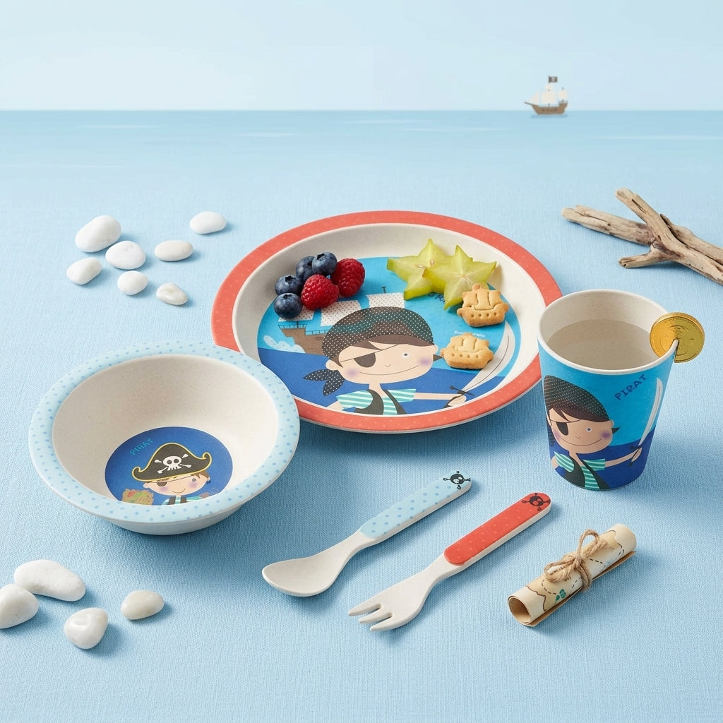 Playful Pirate Bamboo Kids Dinner /Feeding Set of 5- Round Edition