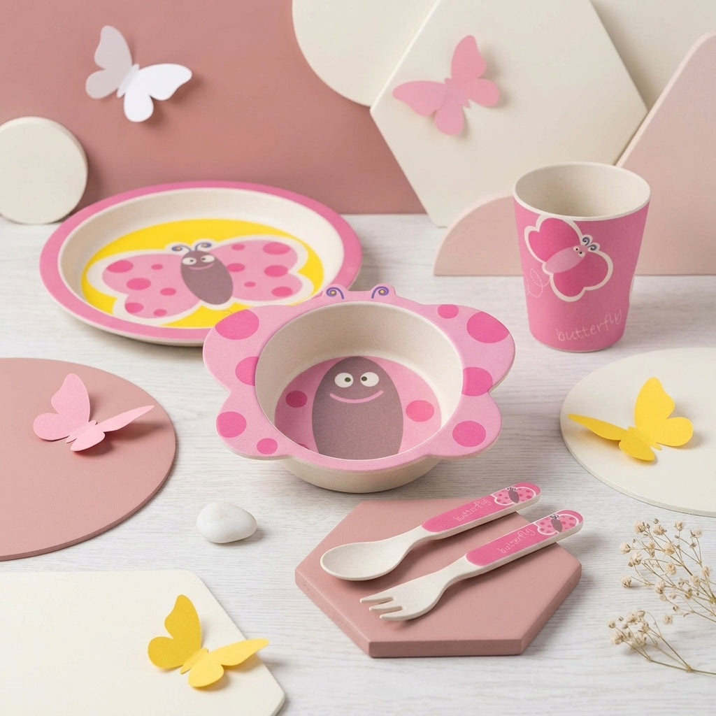 Blissful Butterfly Bamboo Kids Dinner /Feeding Set of 5- Round Edition