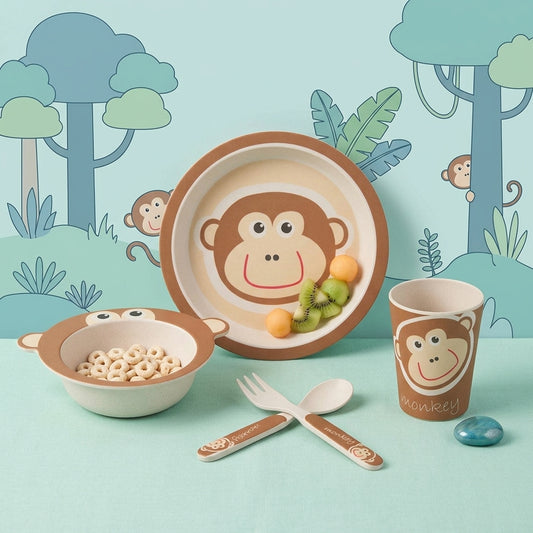 Mighty Monkey Bamboo Kids Dinner /Feeding Set of 5- Round Edition