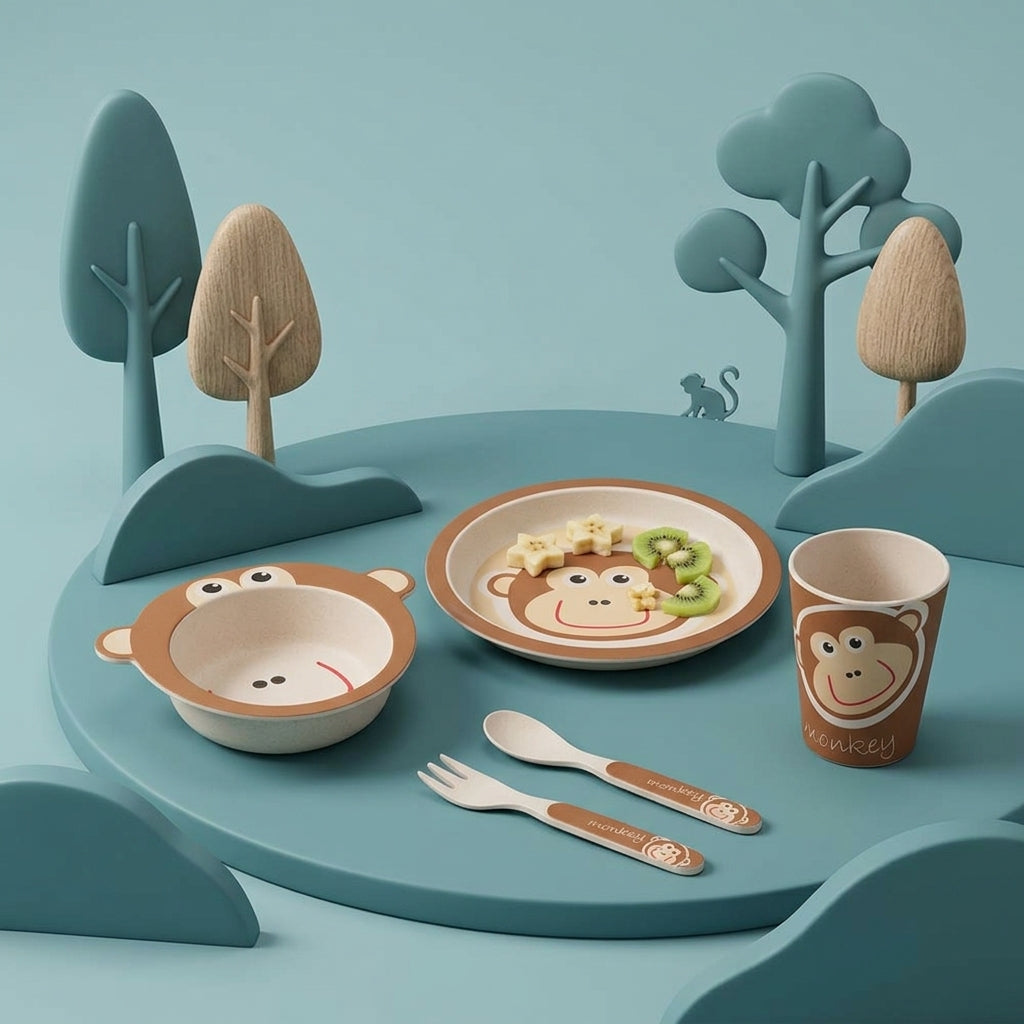 Mighty Monkey Bamboo Kids Dinner /Feeding Set of 5- Round Edition