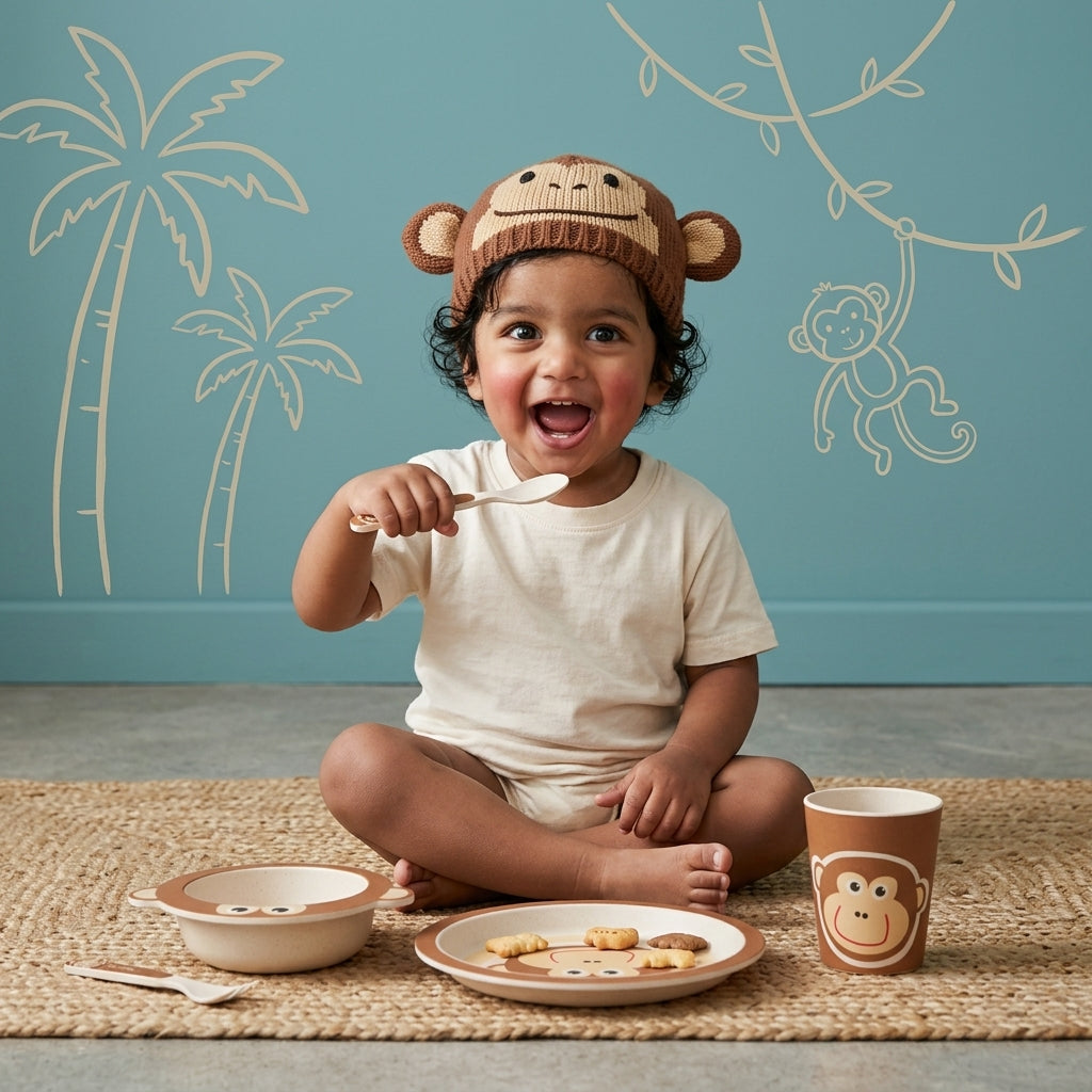 Mighty Monkey Bamboo Kids Dinner /Feeding Set of 5- Round Edition