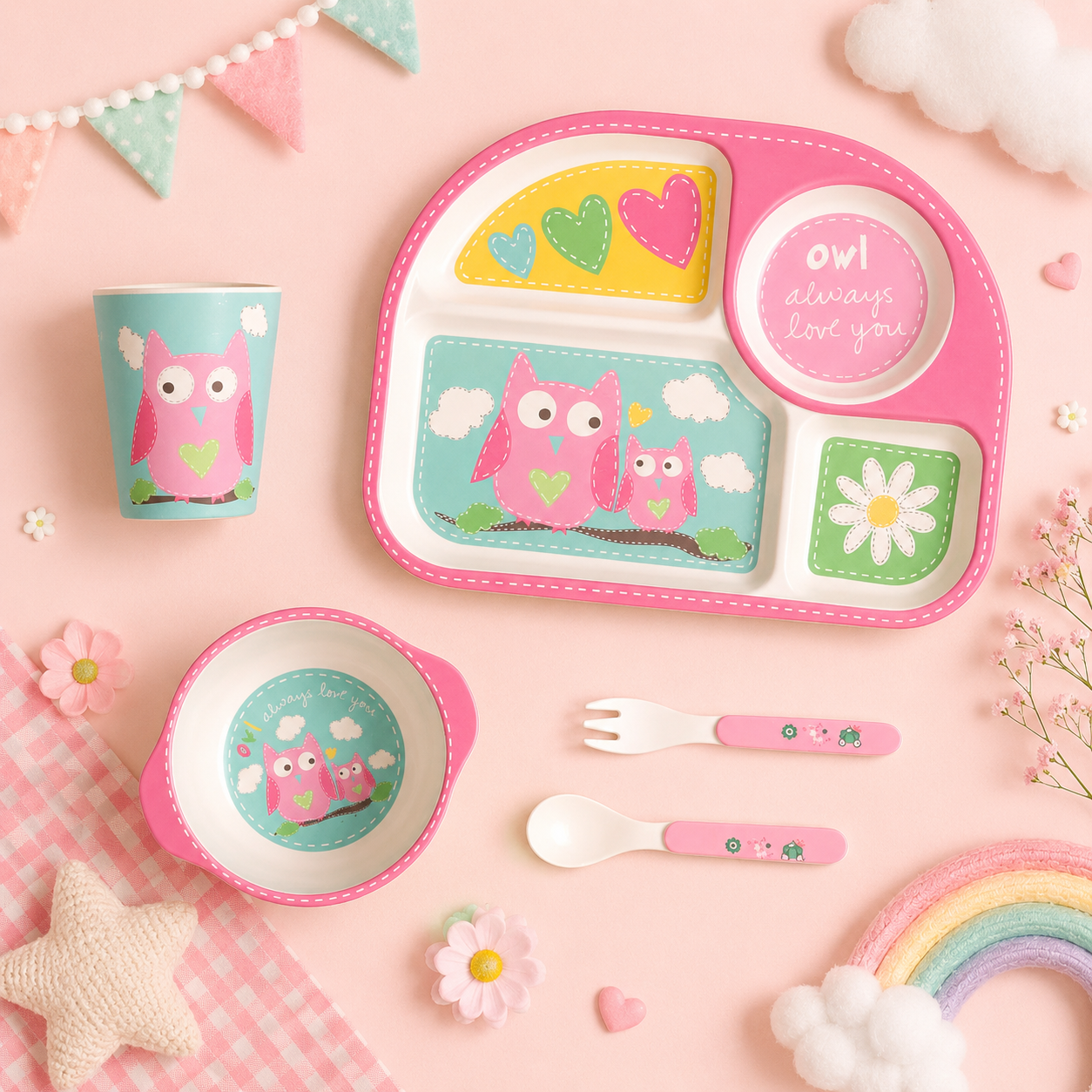 Observant Owl Bamboo Kids Dinner /Feeding Set of 5
