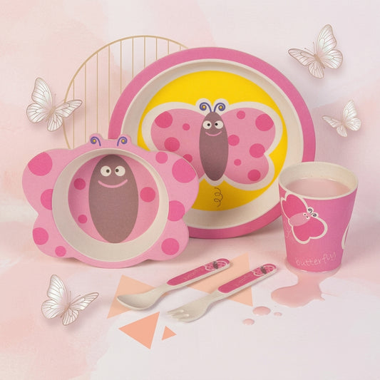 Blissful Butterfly Bamboo Kids Dinner /Feeding Set of 5- Round Edition